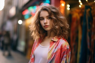 A woman with long hair is standing in front of a store with neon lights