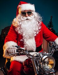 The coolest Santa Claus riding on a cruiser classic motorcycle