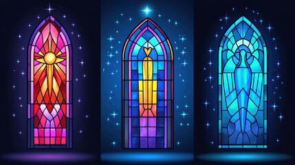 Poster - Stained glass windows featuring vibrant colors and intricate designs create mesmerizing atmosphere. radiant patterns evoke sense of wonder and joy