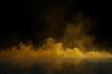 Wall Mural - yellow smoke on the floor. isolated black background. foggy fog effect texture overlays for text or 