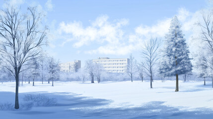 A large hospital building in the distance, trees covered with snow, a park-like environment, daytime, a winter landscape