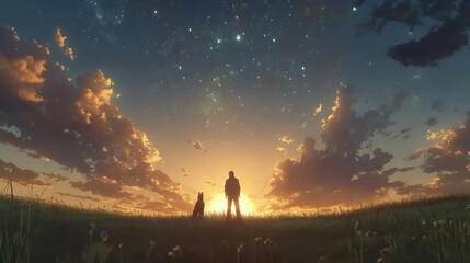 As the sun sets, a man and his loyal dog stand amidst the tall grass, gazing thoughtfully at the emerging stars. The vivid sky is painted with enchanting colors and detailed clouds.