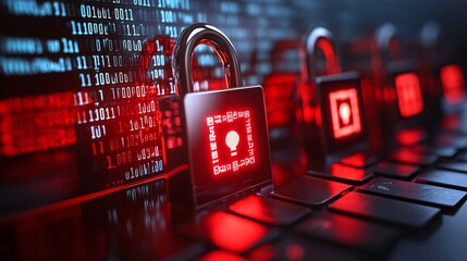 Wall Mural - corporate data center under heavy cyber attack with warning symbols and encrypted codes on monitors 