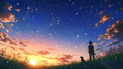 As the sun sets, a man and his loyal dog stand amidst the tall grass, gazing thoughtfully at the emerging stars. The vivid sky is painted with enchanting colors and detailed clouds.