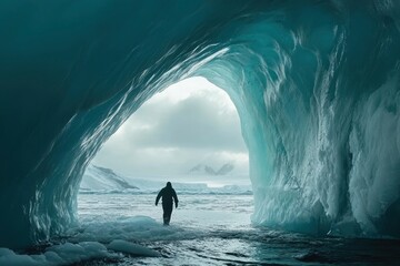 Wall Mural - an ice cave carved by the sea in a giant iceberg - generative ai