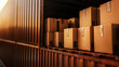 © Chanita - A close-up shot of a shipping container with neatly packed boxes inside, focusing on the container's ribbed structure and the aligned arrangement of goods, soft natural lighting
