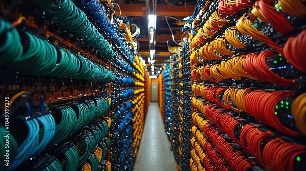 Server room with large storage arrays and fiber optic cables for high ...