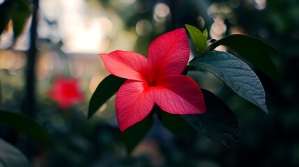 Close-up of a vibrant red flower with green leaves in a blurred background.