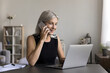 © fizkes - Busy older age woman engaged in remote freelance work from home speak on cell check data on laptop pc online. Distant worker manager consultant hold phone conversation place or confirm ecommerce order