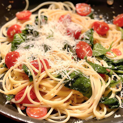 Wall Mural - Pasta with tomatoes, herbs and cheese in a frying pan 
