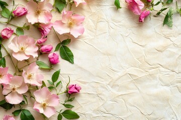 Wall Mural - Pink rosehip flower on background. Postcard background - generative ai