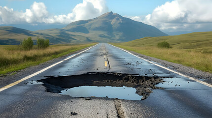 Road with a Large Pothole in the Middle, Realistic Image