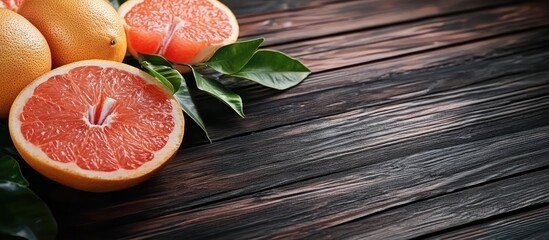 Poster - Freshly peeled pomelo grapefruit and shaddock with green leaves on a dark wooden plank table Seasonal fruit for the mid autumn festival close up copyspace