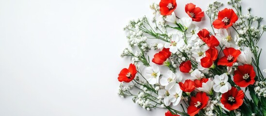 Leinwandbilder - Bouquet of red and white spring blooms on a white background top view. with copy space image. Place for adding text or design