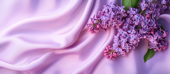 Aufkleber - Beautiful spring flowering lilac branch against a background of lilac satin with space for text Spring design concept Delicate lilac fabric top view flat lay. with copy space image