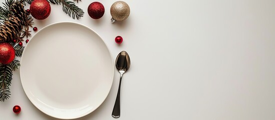 Aufkleber - Isolated Christmas plate with decorations along with a fork and spoon New Year holiday backdrop Top view. with copy space image. Place for adding text or design