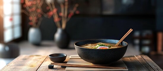 Leinwandbilder - Japanese cuisine Soba noodles served with soup on a wooden table. with copy space image. Place for adding text or design