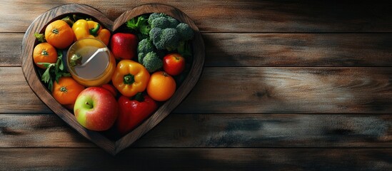 Poster - Fruits and Vegetables in a Heart Shaped Wooden Box Broccoli apples peppers tangerines and a glass of juice on a Wooden Background Banner Health food Concept with copy space
