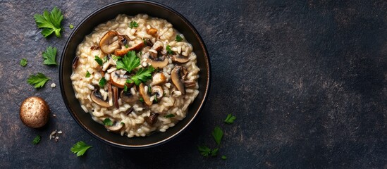 Leinwandbilder - Classic Italian risotto made with wild rice mushrooms and parmesan. with copy space image. Place for adding text or design