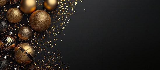 Aufkleber - Merry Christmas and Happy New Year Modern Christmas wrapping paper golden ornaments confetti on a black background flat lay Seasonal greeting card template with area for text. with copy space image