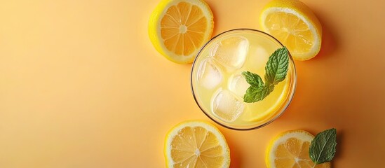Aufkleber - Chilled refreshing summer lemonade with ice and lemon slices garnished with mint leaves in a tall glass against a peach colored background with copy space Top view