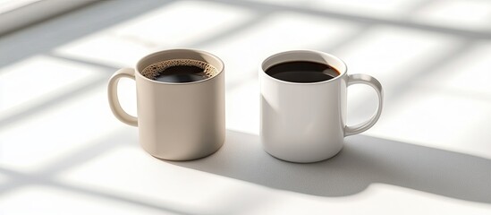 Leinwandbilder - Angled view of two coffee mugs one with creamer and the other with black coffee. with copy space image. Place for adding text or design