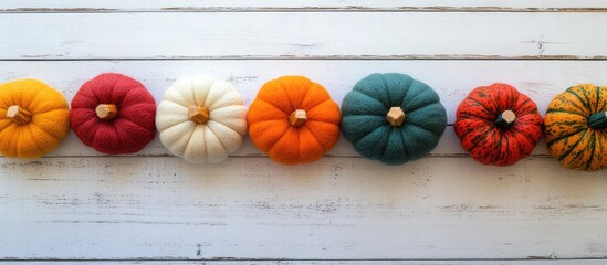 Poster - Flat lay autumn backdrop featuring felt fuzzy pumpkins and gourds set against a white wooden surface Fall theme with copyspace