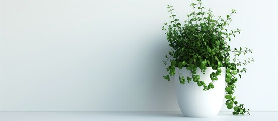 Poster - new green trailing plant in a white pot set against a white background. with copy space image. Place for adding text or design