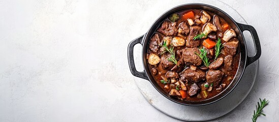 Leinwandbilder - Beef mushrooms and vegetable stew in a pot on a white stone surface Top view. with copy space image. Place for adding text or design