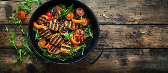 Poster - Plant based food cooked on a grill in a ceramic bowl on a wooden surface The idea of healthy eating Flat lay copyspace close up
