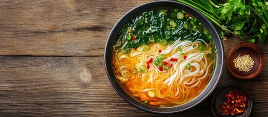 Leinwandbilder - Vegetarian vegetable soup featuring vermicelli and spring onions Studio Photo. with copy space image. Place for adding text or design