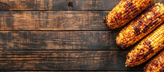 Leinwandbilder - Hot grilled corn from BBQ with spicy sauce on a wooden surface Top view copy space close up flat lay Banner