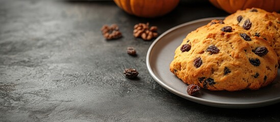 Leinwandbilder - Pumpkin and raisin scone. with copy space image. Place for adding text or design
