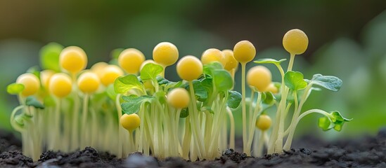 Poster - Close up of yellow daikon sprouts resuming growth in natural light after the blackout period. with copy space image. Place for adding text or design