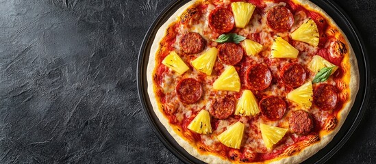 Fototapete - Homemade pizza dough topped with homemade chicken sausage baked with paprika pineapple and tomato sauce. with copy space image. Place for adding text or design