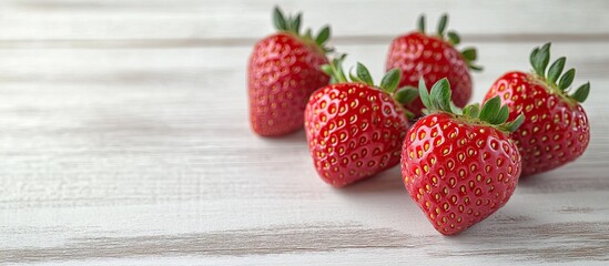 Leinwandbilder - Four ripe juicy strawberries on a white wooden background Macro. with copy space image. Place for adding text or design