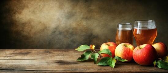 Fototapete - Tasty cider and apples with green leaves on a wooden table room for text. with copy space image. Place for adding text or design
