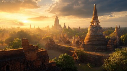 A panoramic view of the ancient temples and ruins of Ayutthaya, with the sun setting behind