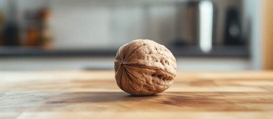 Aufkleber - Single peeled walnut on a wooden kitchen countertop in macro closeup with copyspace for health food designs and concepts