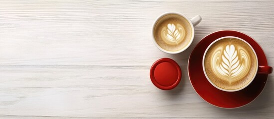 Aufkleber - Aromatic coffee in a red cup topped with milk foam and latte art alongside freshly brewed coffee in a white cup arranged on a light wooden table Flat lay. with copy space image