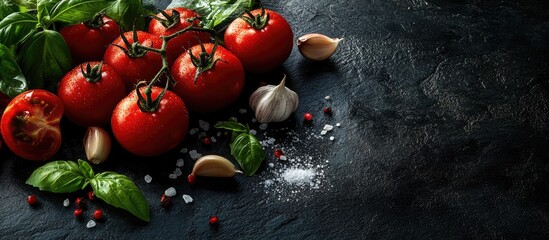 Poster - Fresh tomatoes accompanied by basil garlic and sea salt against a black slate background. with copy space image. Place for adding text or design