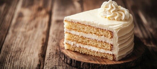 Aufkleber - Whole milk cake with vanilla cream from a pastry shop resting on a wooden surface. with copy space image. Place for adding text or design
