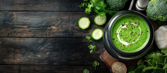 Leinwandbilder - Prepare green cream soup using vegetables Broccoli cream spices and a blender on a dark wooden table top view copy space