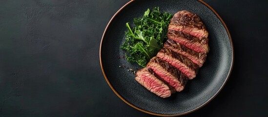 Fototapete - Traditional barbecue dry aged sliced wagyu sirloin beef steak with kalette and herbs presented in close up on a modern design plate with copyspace