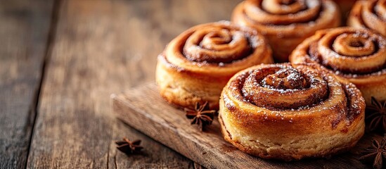 Fototapete - Selective focus on freshly baked cinnamon rolls. with copy space image. Place for adding text or design