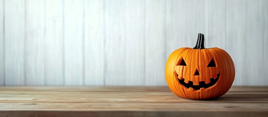 Poster - Halloween pumpkin on a wooden table against a backdrop of white boards Halloween themed background Room for text. with copy space image. Place for adding text or design