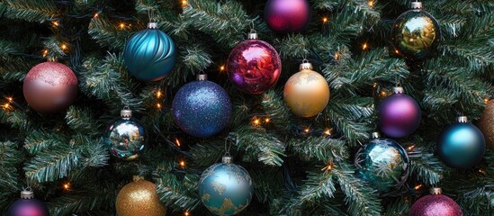 Close up of a decorated Christmas tree featuring colorful ornaments. with copy space image. Place for adding text or design