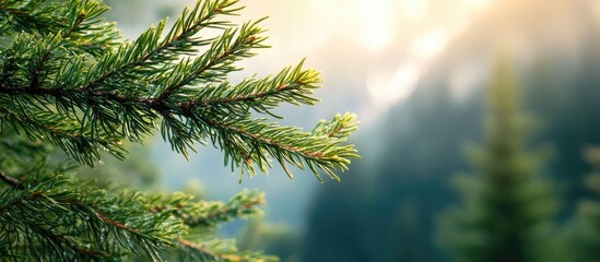 Poster - Close up of a cedar branch set against a mountainous backdrop. with copy space image. Place for adding text or design