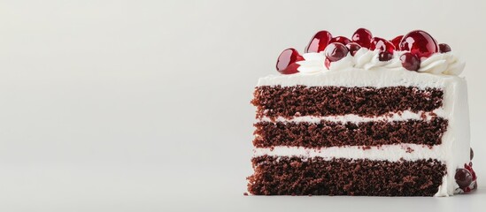Poster - Close up of a delectable and moist Black Forest cake set against a white background. with copy space image. Place for adding text or design
