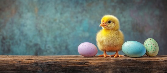 Poster - Yellow chicken and Easter eggs on a wooden table. with copy space image. Place for adding text or design